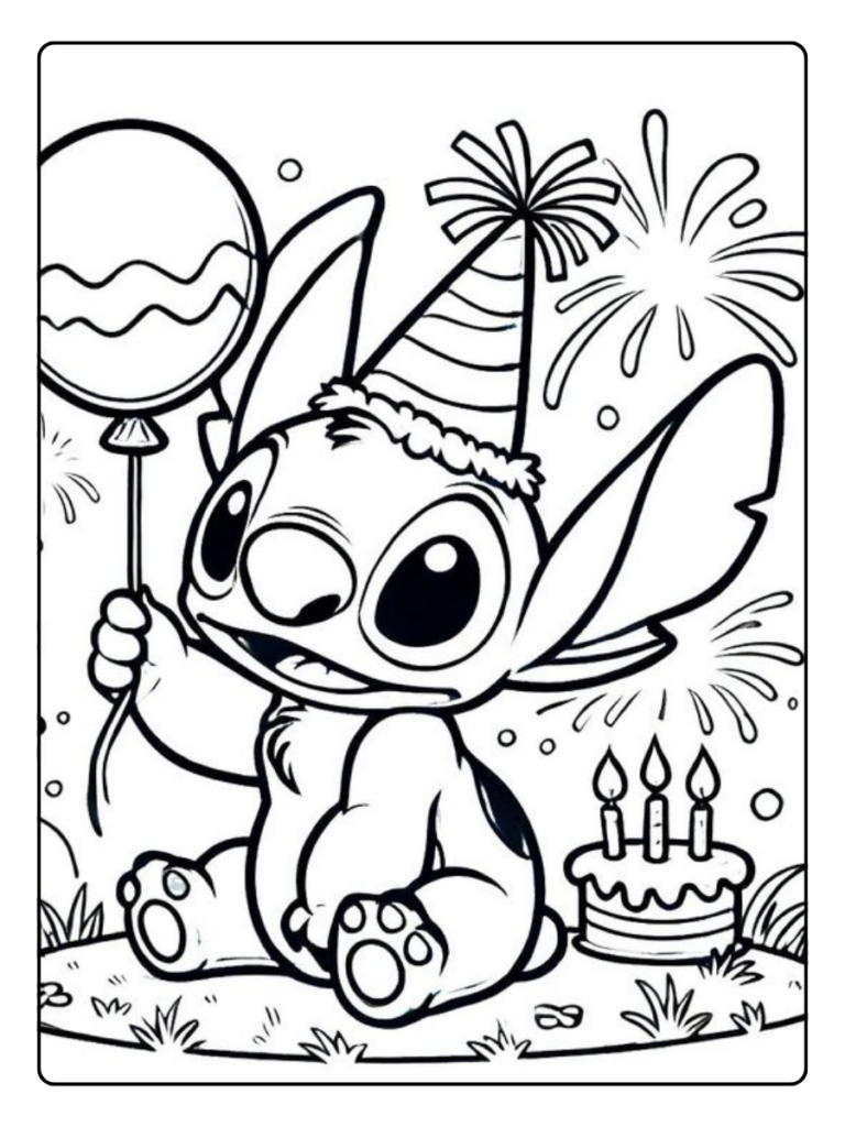 Stitch Verjaardag Met Bloemen Kleurplaat