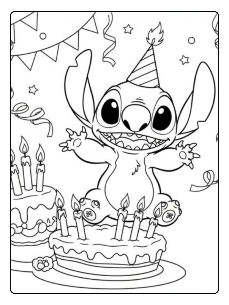 Stitch Verjaardag Met Hartjes Kleurplaat