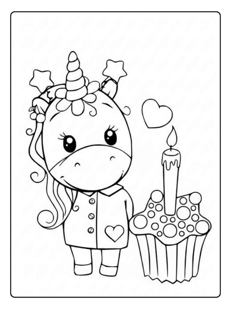 Unicorn Verjaardag Met Bloemen Kleurplaat