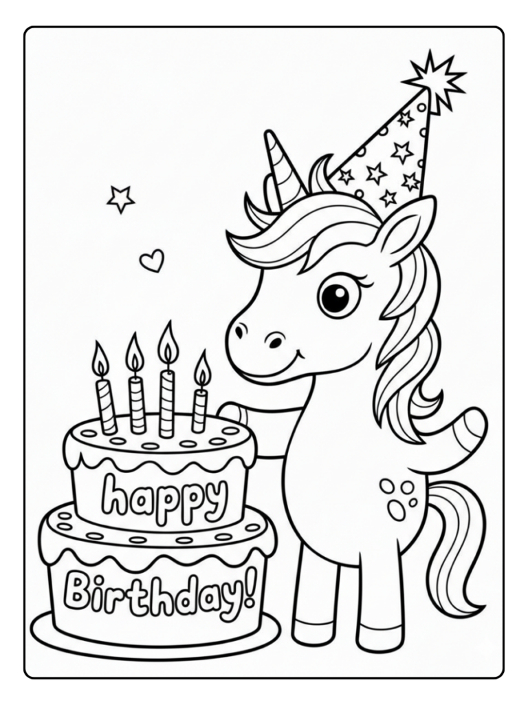 Unicorn Verjaardag Met Hartjes Kleurplaat