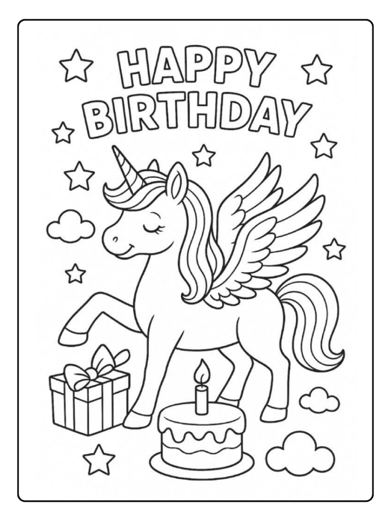 Unicorn Verjaardag Simpel Kleurplaat
